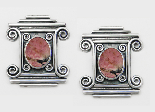 Sterling Silver And Rhodonite Drop Dangle Earrings With an Art Deco Inspired Style